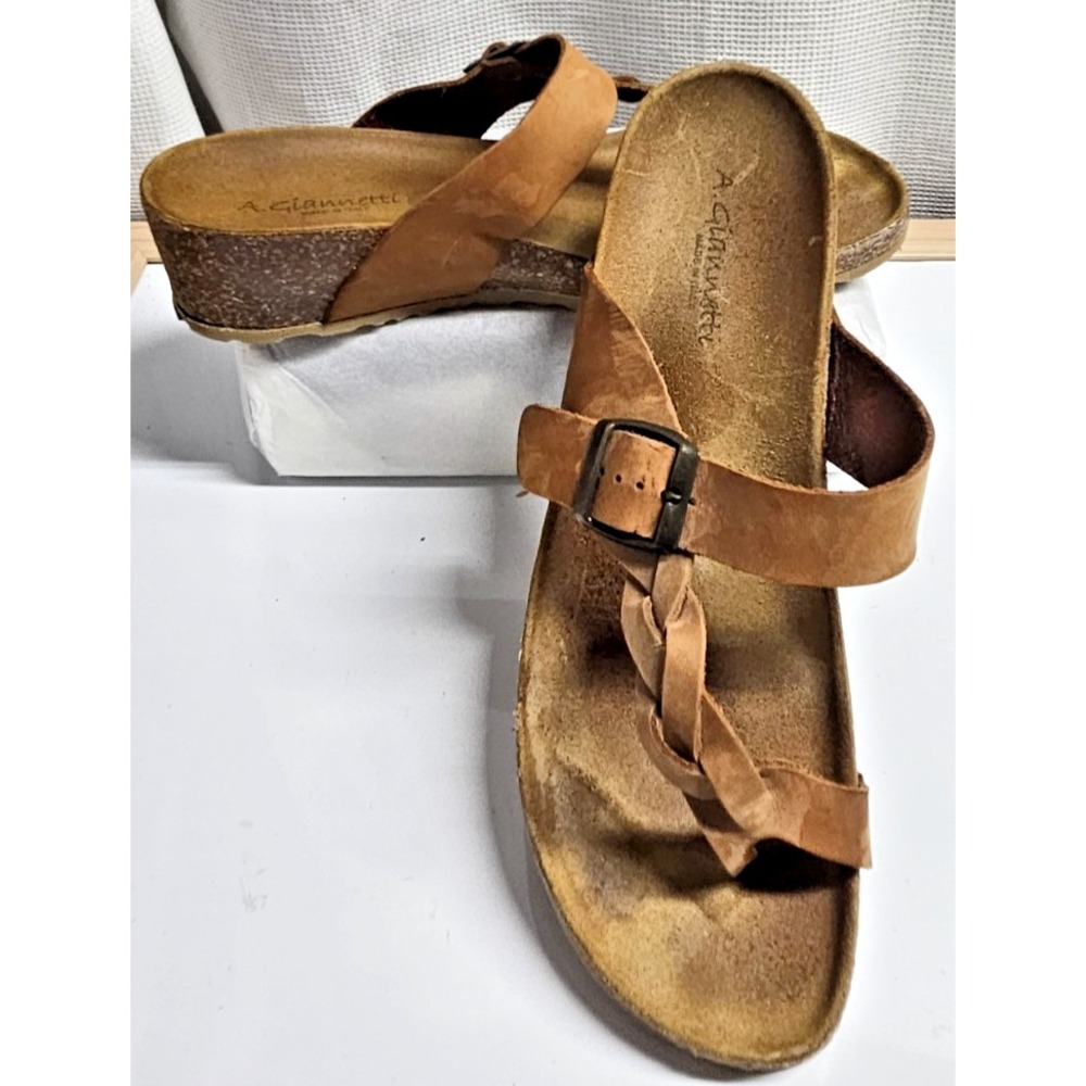 A.Giannetti sandals women Sz 9 brown leather‎ Thong braid adjustable strap